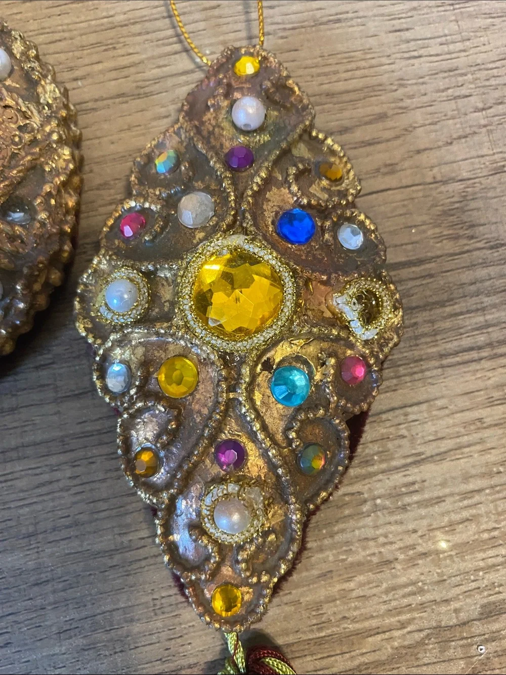 Victorian Style Embellished Gold Filigree Beaded Hanging Ornaments Set of 4